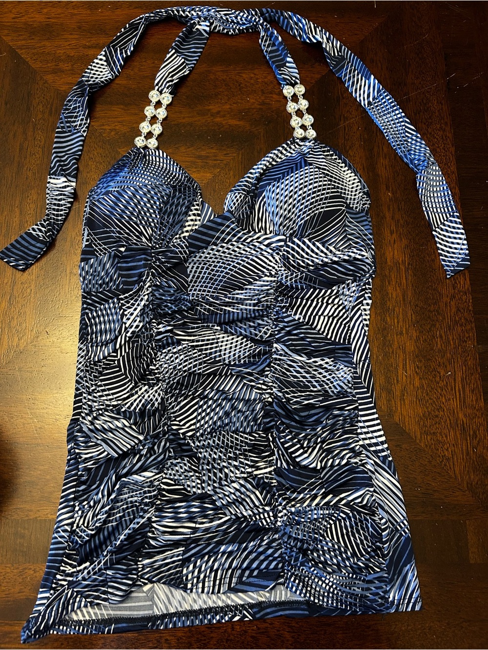 Body Central Women’s Y2K Blue White Halter Top with Jeweled Straps Size Medium
